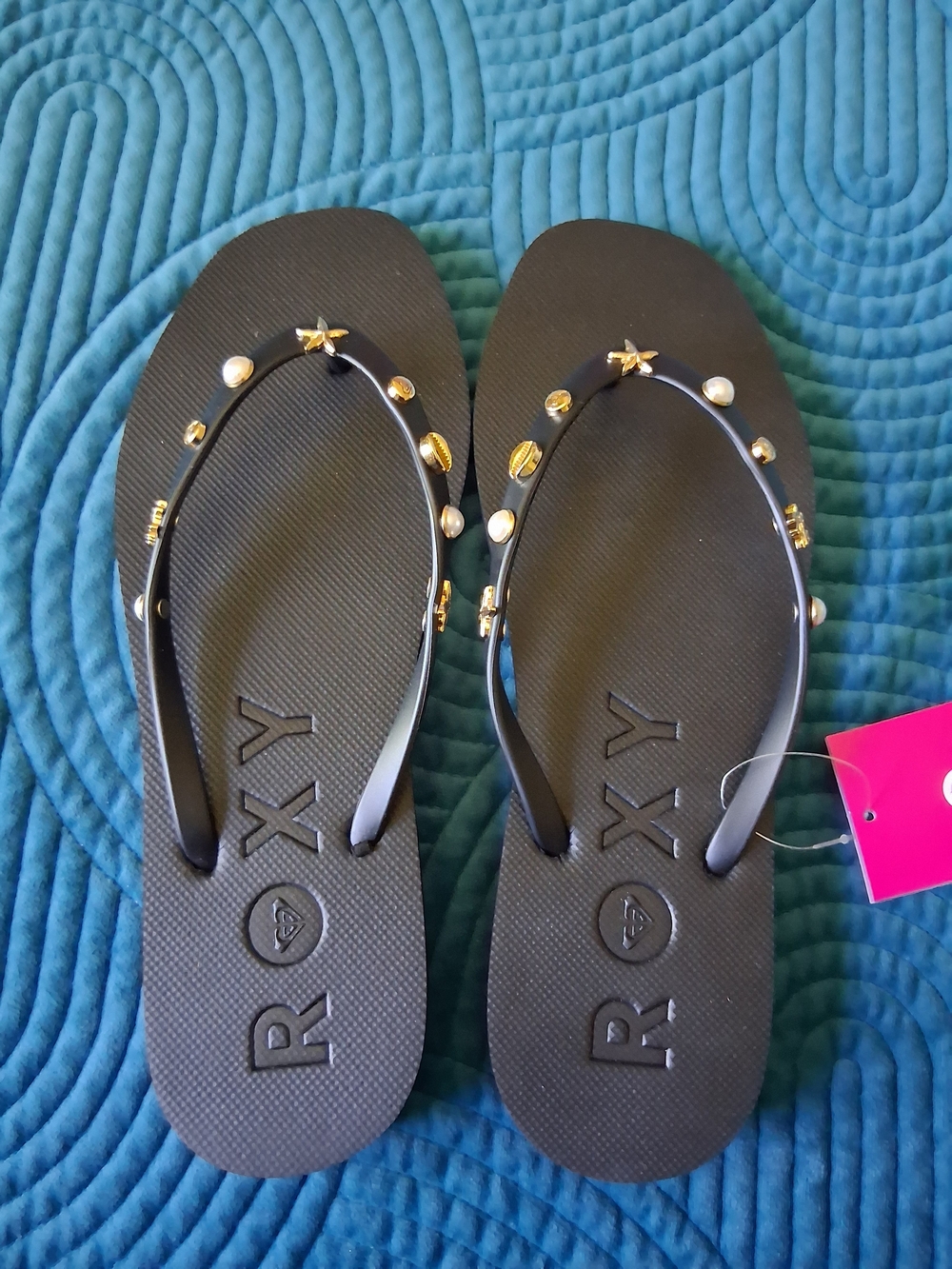 Roxy Hema Black Flip Flop Sandals with Gold & Pearl Embelishments